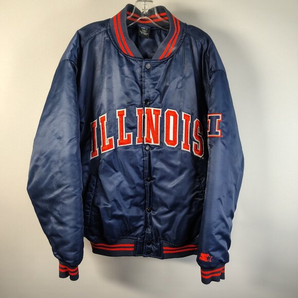VTG llinois Fighting Illini Starter Jacket Blue Satin Varsity Bomber University - Picture 1 of 9